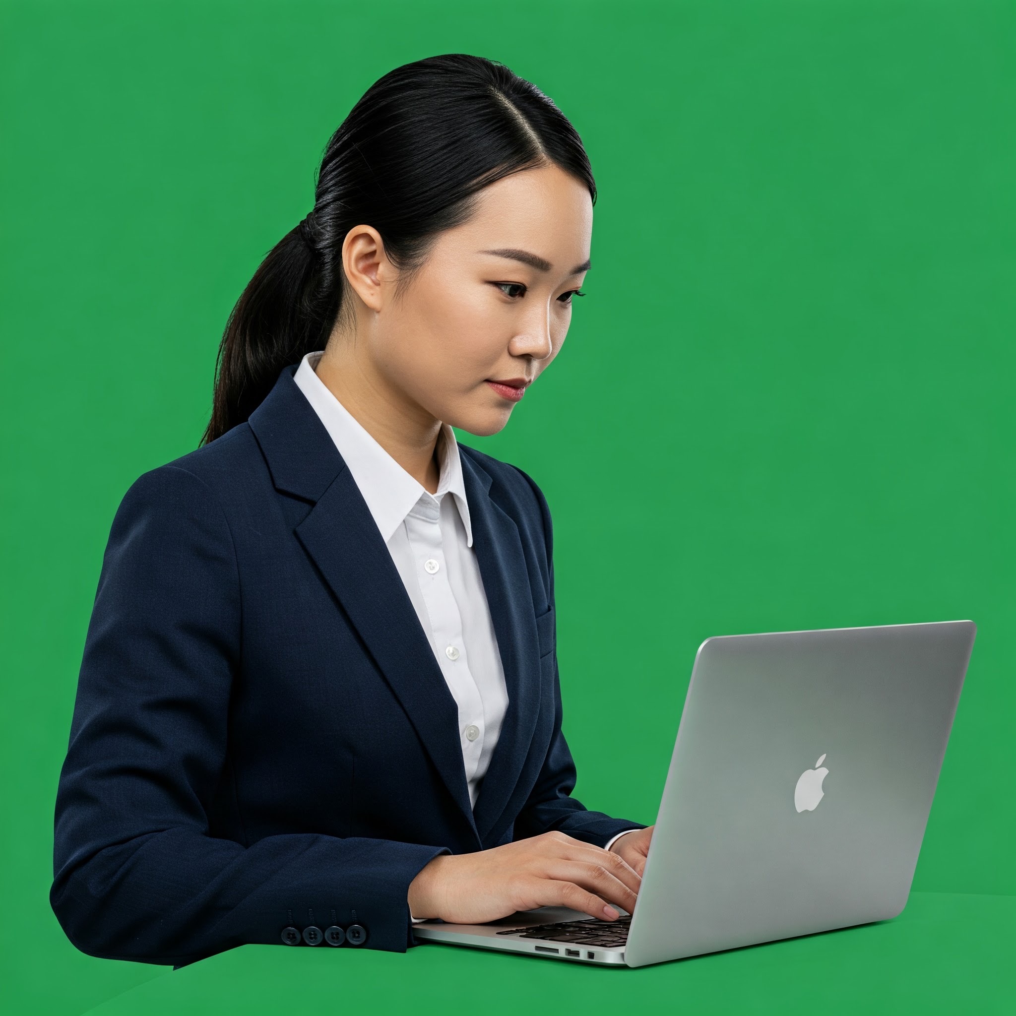 photo of Professional Woman Working on Laptop Against Green Screen